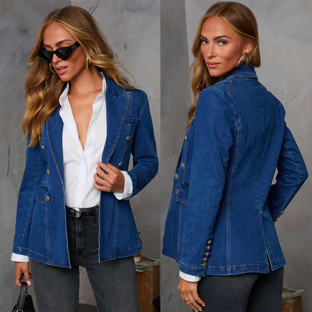 Ladies Denim Blazer In Elegant Double-Breasted Style Dulcira