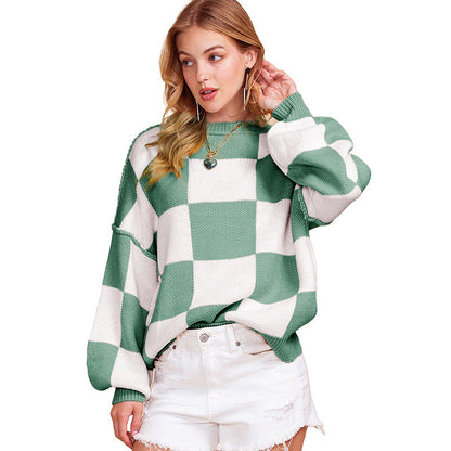 Dulcira | Women's Oversized Sweater with Check Pattern and Voluminous Sleeves