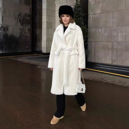 Women's Cozy Faux Fur Coat with Wide Lapel Collar and Belt