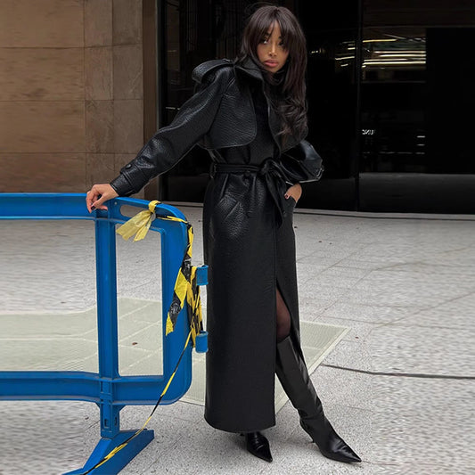 Dulcira | Women's Faux Leather Trench Coat with Top and Waist Belt