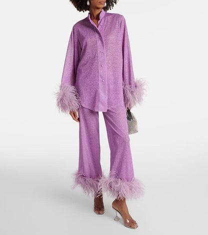 Dulcira | Autumn Winter Feather Stand Collar Long Sleeve Top and Pants Set