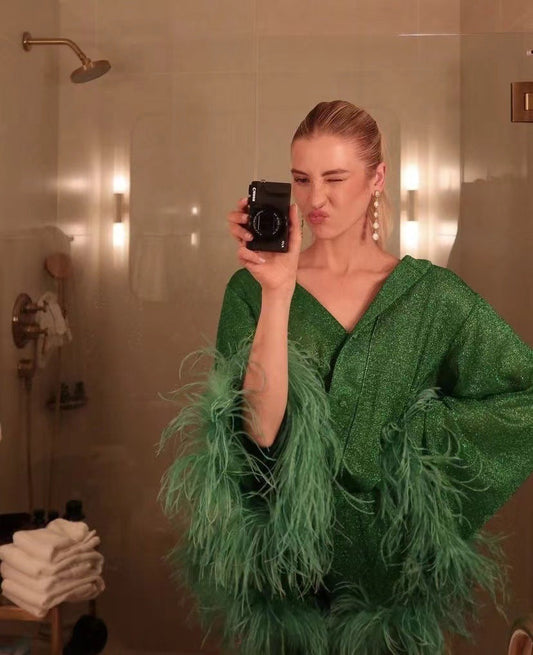 Dulcira | Autumn Winter Feather Stand Collar Long Sleeve Top and Pants Set