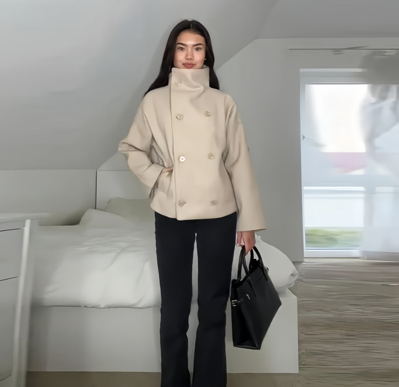 Women's Oversized Cropped Jacket with High Collar and Fancy Sleeve Dulcira