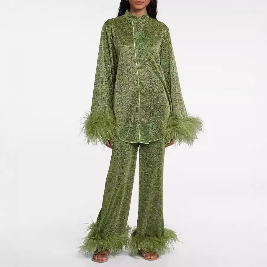 Dulcira | Autumn Winter Feather Stand Collar Long Sleeve Top and Pants Set