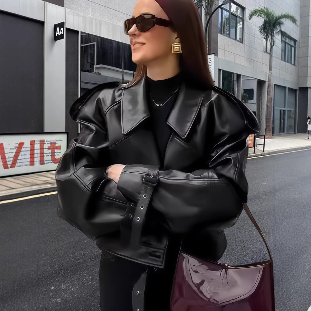 Dulcira | Women's oversized faux leather jacket with statement cuffs