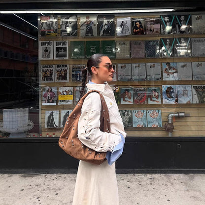 Dulcira | Ladies Designer Handbag with Decorative Pearl Details and Unique Cut