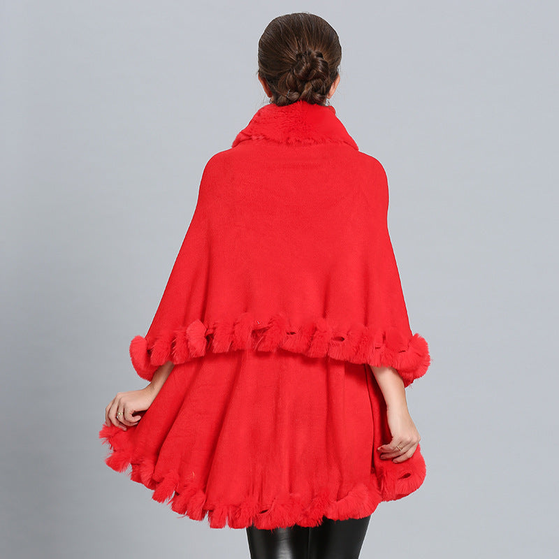 Dulcira | Women's Hooded Poncho with Luxurious Fur Collar and Elegant Trim