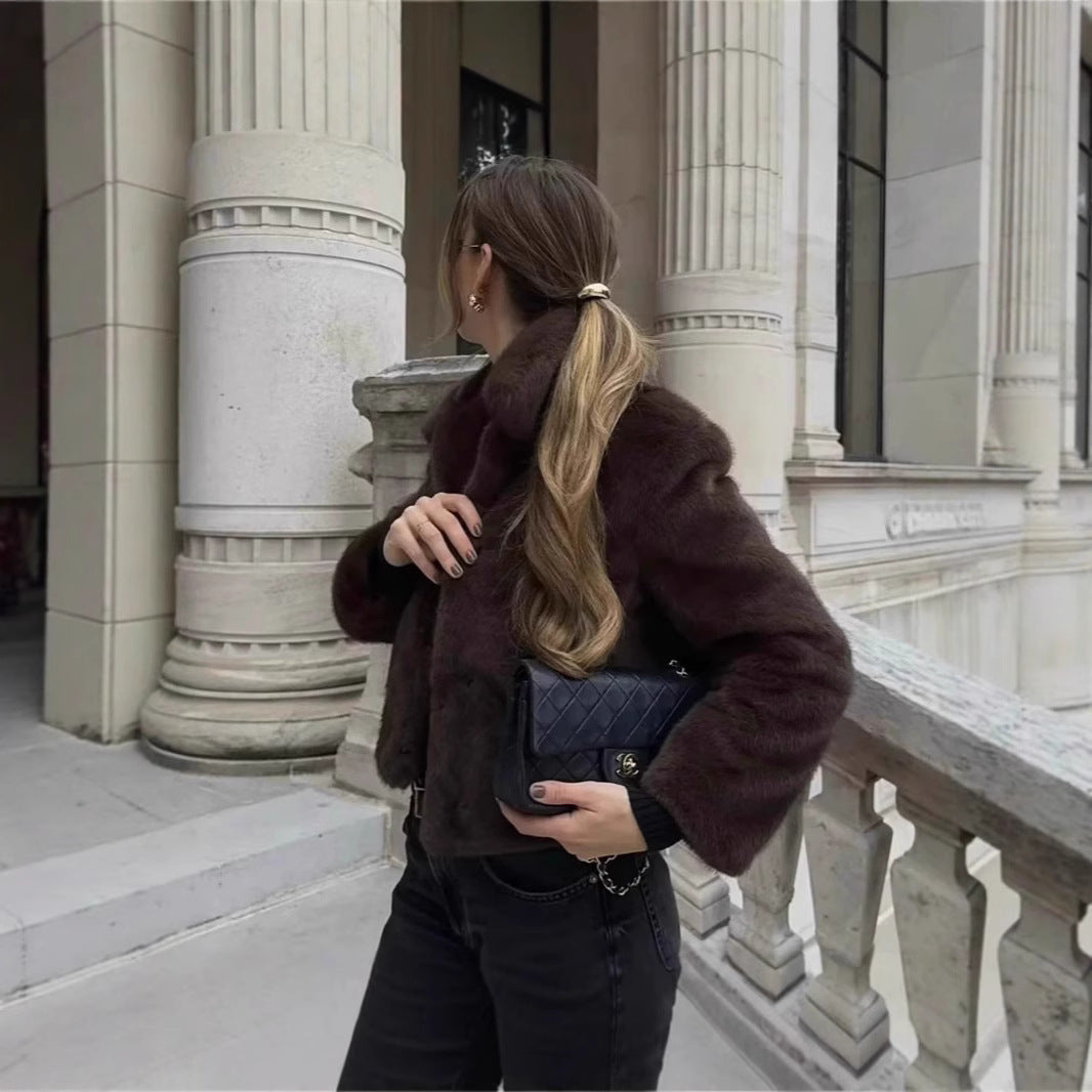 Women's Fluffy Faux Fur Jacket with Elegant Collar and Open Cut