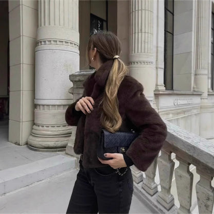 Women's Fluffy Faux Fur Jacket with Elegant Collar and Open Cut