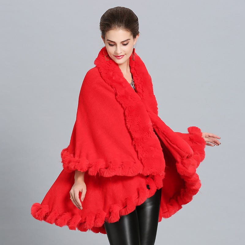 Dulcira | Women's Hooded Poncho with Luxurious Fur Collar and Elegant Trim