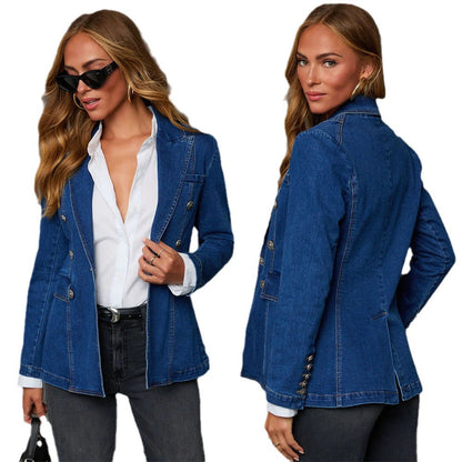Ladies Denim Blazer In Elegant Double-Breasted Style Dulcira