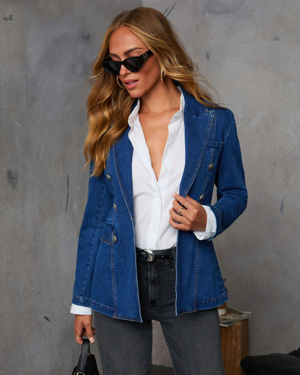 Ladies Denim Blazer In Elegant Double-Breasted Style Dulcira