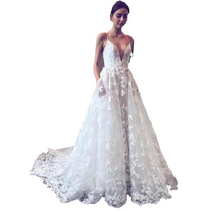 Ladies Wedding Dress with Deep V-Neck and Delicate Lace Dulcira