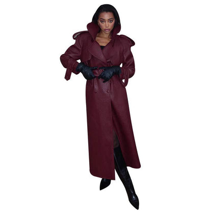 Dulcira | Women's Faux Leather Trench Coat with Top and Waist Belt