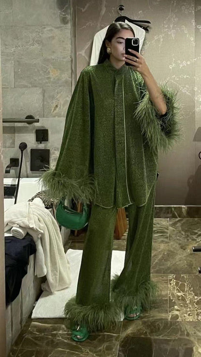 Dulcira | Autumn Winter Feather Stand Collar Long Sleeve Top and Pants Set
