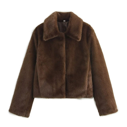 Women's Fluffy Faux Fur Jacket with Elegant Collar and Open Cut