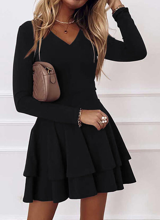 Ladies Casual V-Neck Mini Dress with Voluminous Ruffle Hem Dulcira