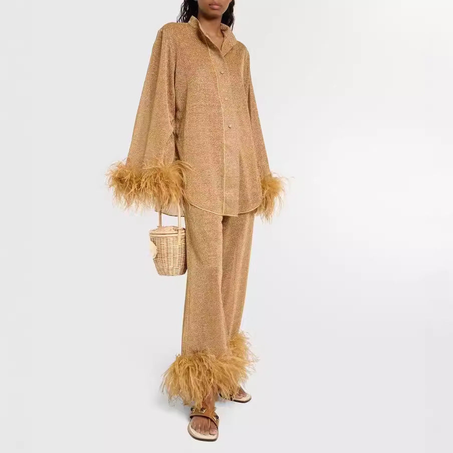 Dulcira | Autumn Winter Feather Stand Collar Long Sleeve Top and Pants Set