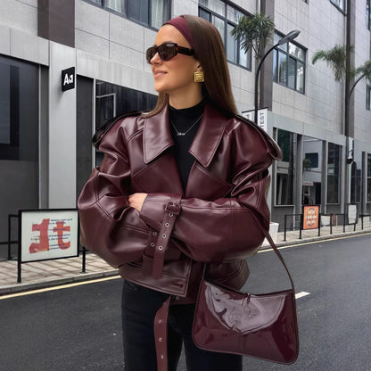 Dulcira | Women's oversized faux leather jacket with statement cuffs