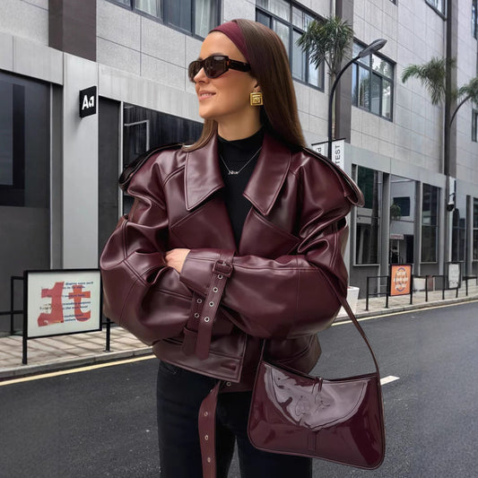 Dulcira | Women's oversized faux leather jacket with statement cuffs