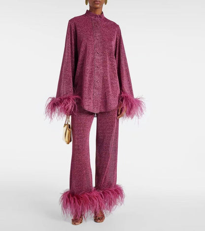 Dulcira | Autumn Winter Feather Stand Collar Long Sleeve Top and Pants Set