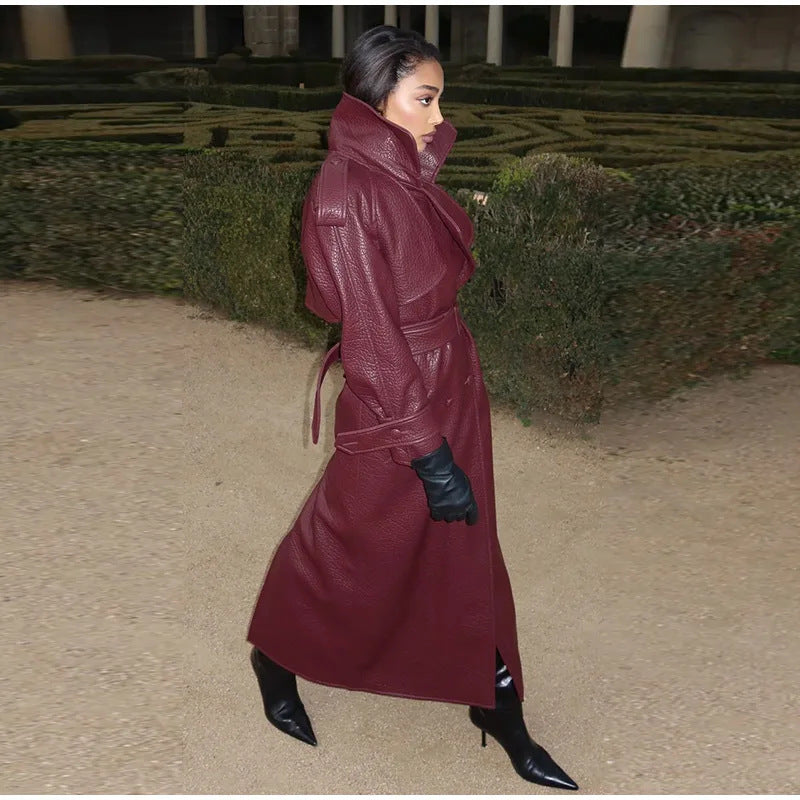 Dulcira | Women's Oversized Faux Leather Trench Coat with High Collar and Removable Belt