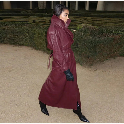 Dulcira | Women's Oversized Faux Leather Trench Coat with High Collar and Removable Belt