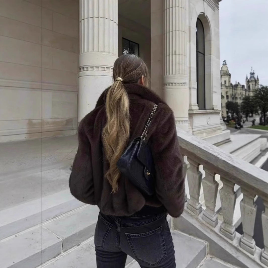 Women's Fluffy Faux Fur Jacket with Elegant Collar and Open Cut