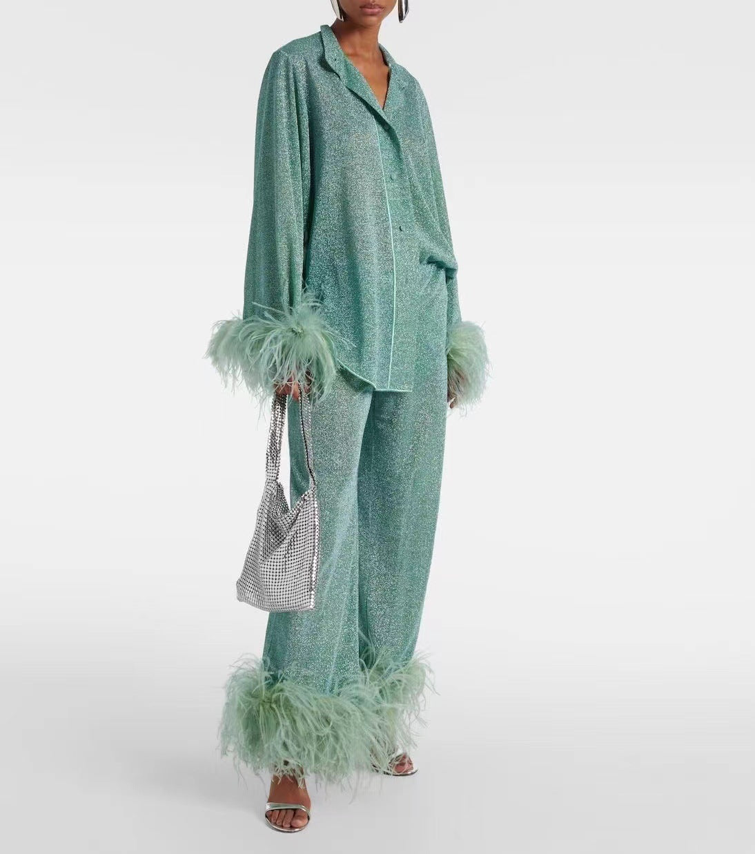 Dulcira | Autumn Winter Feather Stand Collar Long Sleeve Top and Pants Set