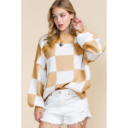 Dulcira | Women's Oversized Sweater with Check Pattern and Voluminous Sleeves