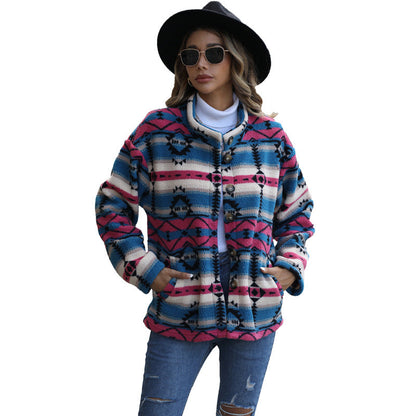 Dulcira | Women's Fleece Jacket In Boho Style with Unique Geometric Pattern and Large Buttons