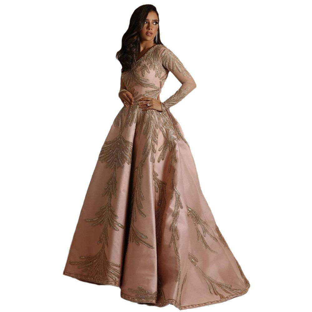 Women Glamorous Ball Gown with Fine Sequin Decoration and Long Cut Dulcira