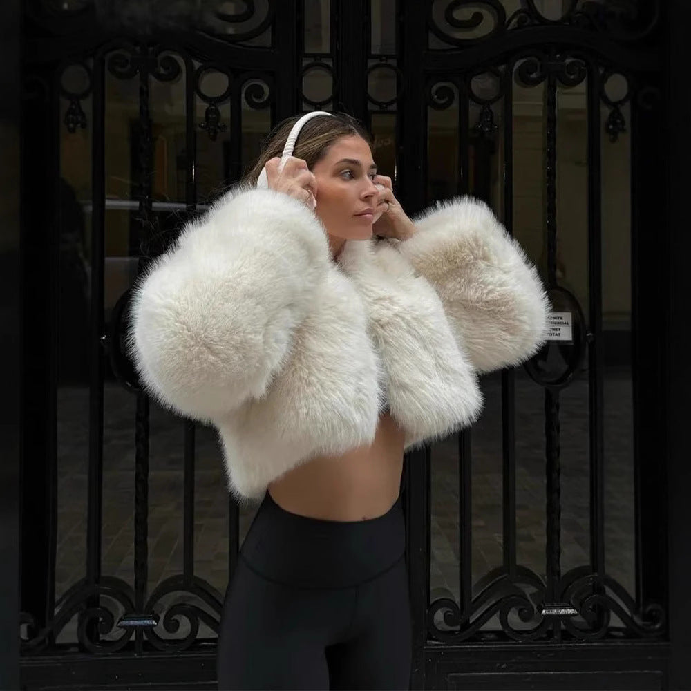 Women Fluffy Short Jacket with Voluminous Sleeves