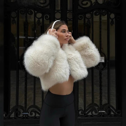 Women Fluffy Short Jacket with Voluminous Sleeves