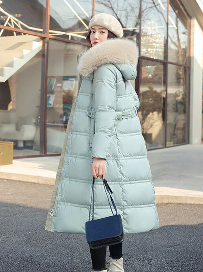 Dulcira | Long Winter Jacket Puffer Design Faux Fur Hood Tailored Belt Warm and Insulating