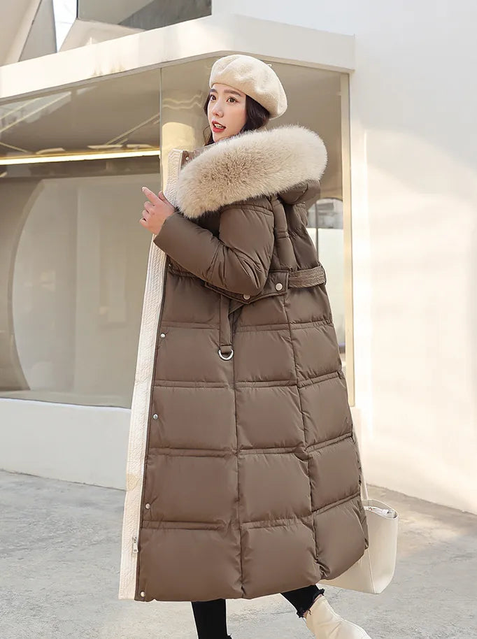 Dulcira | Long Winter Jacket Puffer Design Faux Fur Hood Tailored Belt Warm and Insulating