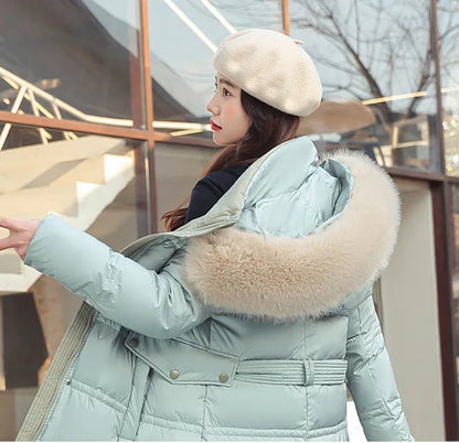 Dulcira | Long Winter Jacket Puffer Design Faux Fur Hood Tailored Belt Warm and Insulating