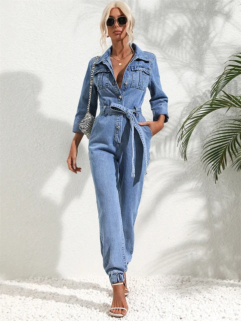 Dulcira | Casual Denim Jumpsuit with Belt and Long Sleeves for Women