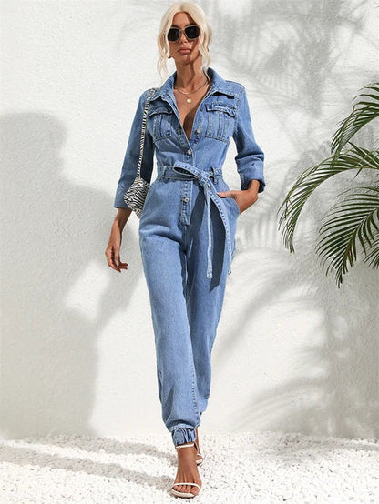 Dulcira | Casual Denim Jumpsuit with Belt and Long Sleeves for Women