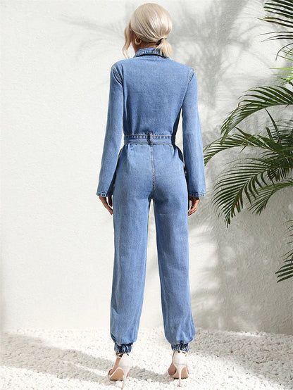 Dulcira | Casual Denim Jumpsuit with Belt and Long Sleeves for Women