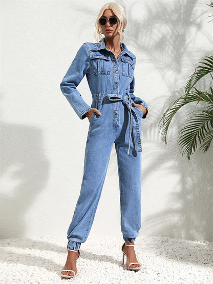 Dulcira | Casual Denim Jumpsuit with Belt and Long Sleeves for Women