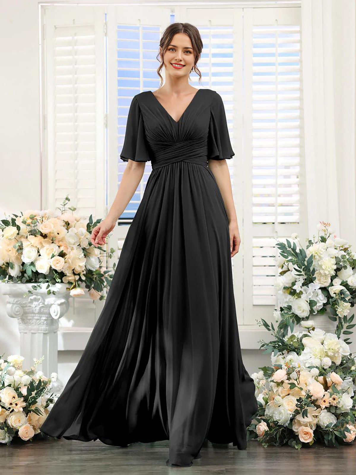 Dulcira | Flowing V Neck Chiffon Dress for Women