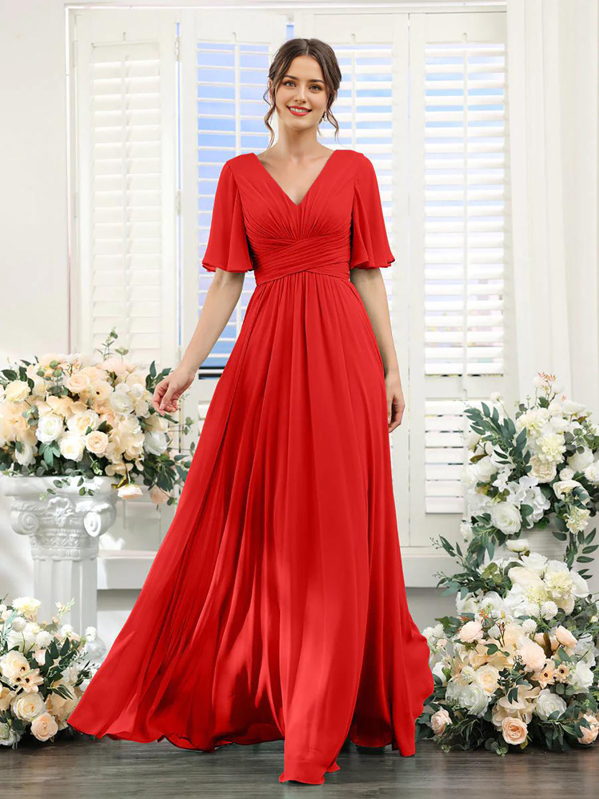Dulcira | Flowing V Neck Chiffon Dress for Women