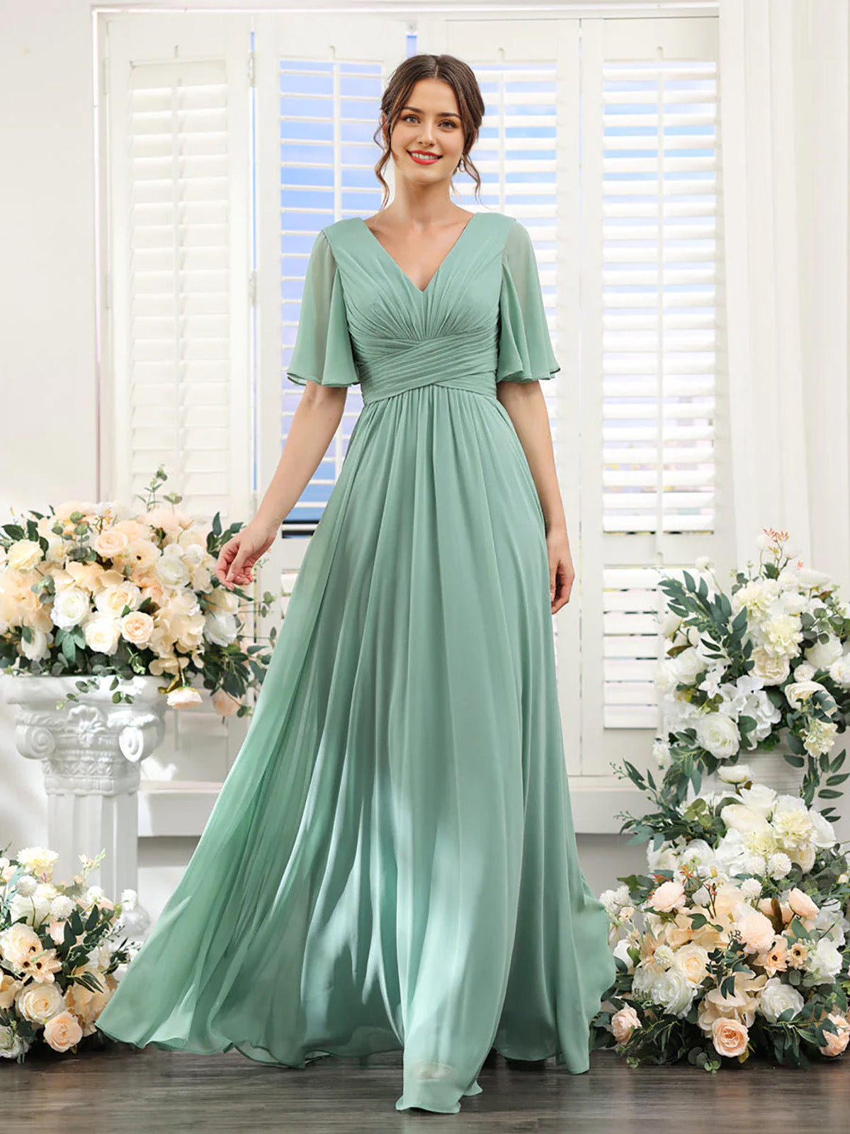 Dulcira | Flowing V Neck Chiffon Dress for Women