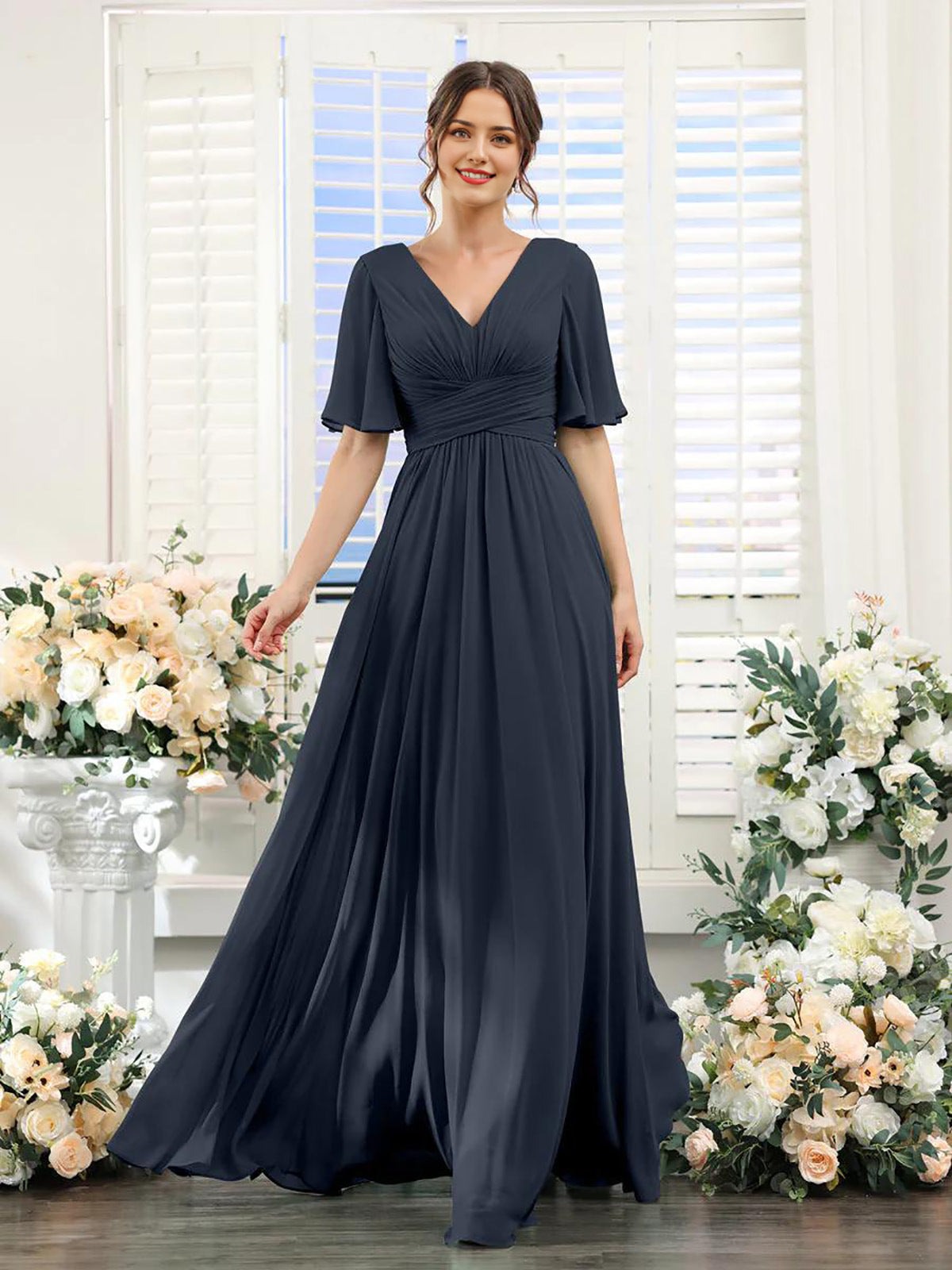 Dulcira | Flowing V Neck Chiffon Dress for Women