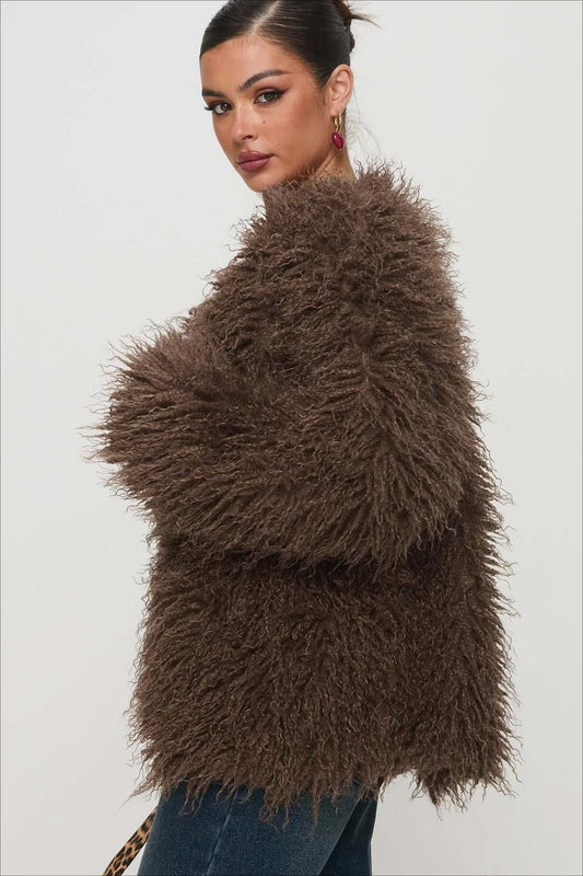 Dulcira | Fluffy Brown Faux Fur Oversized Jacket