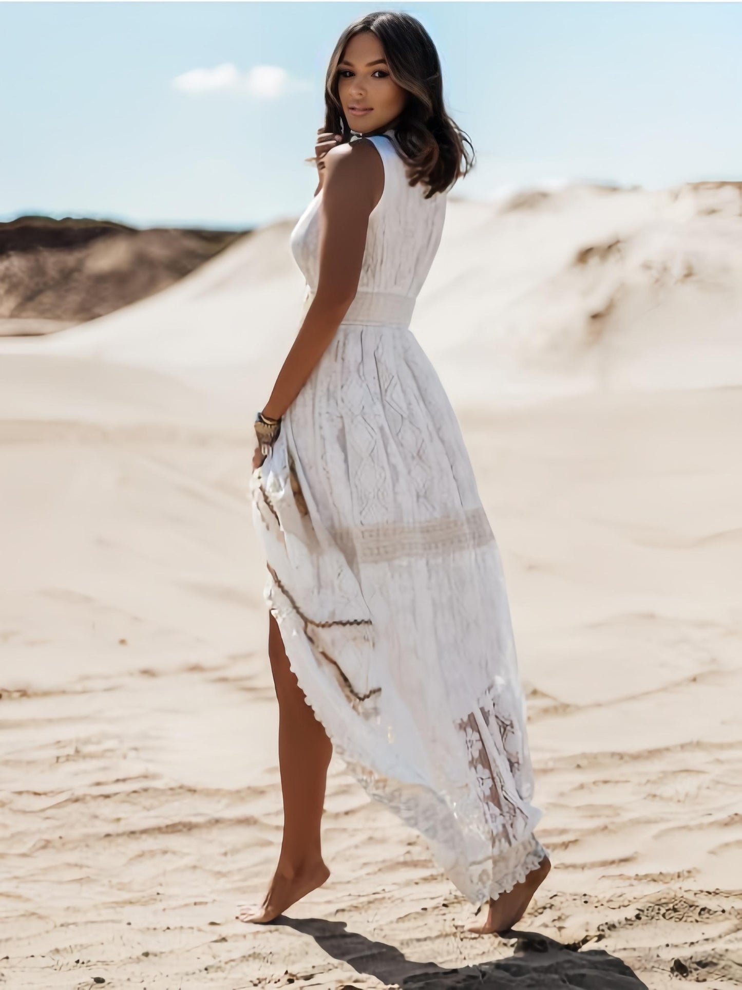 Dulcira | Summery Maxi Dress In Boho Style with Lace & Slit