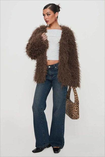 Dulcira | Fluffy Brown Faux Fur Oversized Jacket