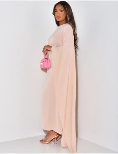 Dulcira | Elegant Maxi Dress with Round Neckline & Wide Sleeves – Women's Evening Dress with High Waist Long Dress for Festive Occasions