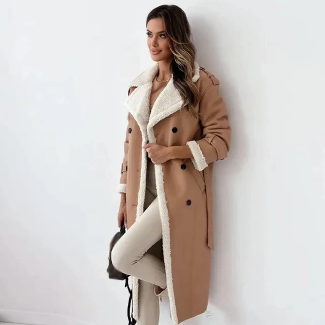 Dulcira | Long Shearling Lined Trench Coat Stylish Double-Breasted Winter Coat